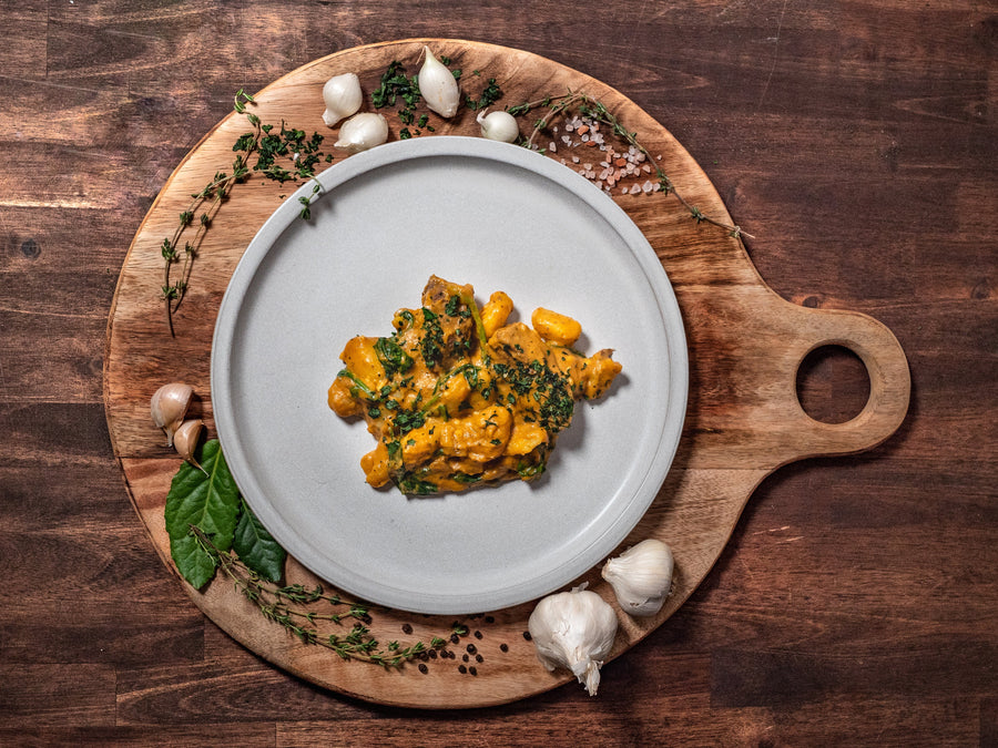 Creamy Pumpkin Gnocchi with Spinach and Wagyu Steak Tips
